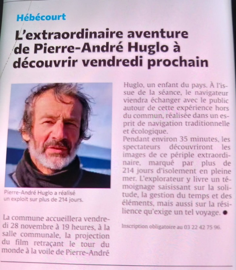 Projection du film du voyage autour du monde à la voile de Pierre André HUGLO ce vendredi à 19h à la salle des fêtes. Venez nombreux.